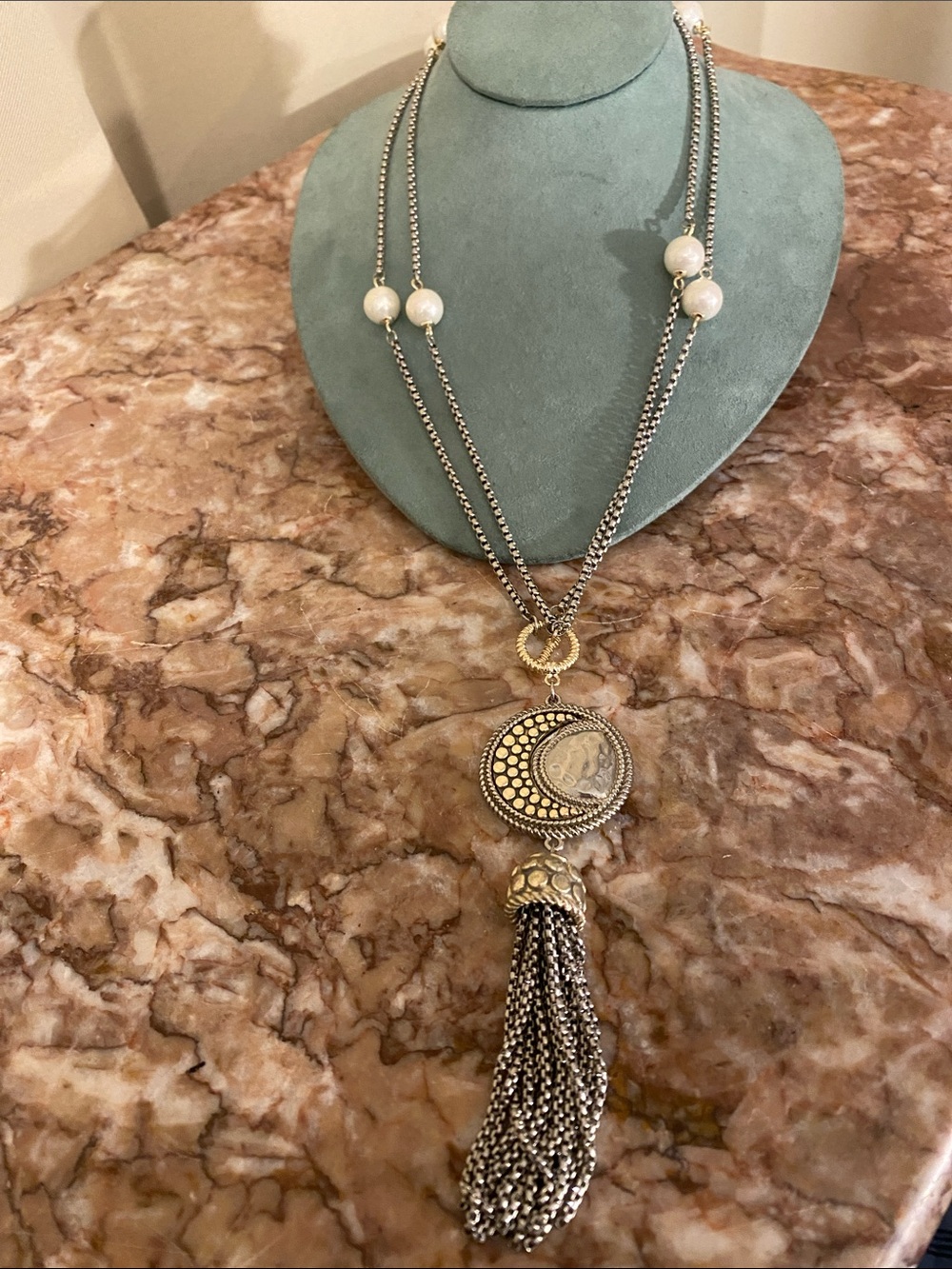 Vintage Mixed Metal Tassel Pendant Necklace with Faux Pearl accents - long
